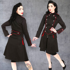 Women's Hearts & Roses London Goth Streampunk MilitaryTrench Coat, 8, Black/Red